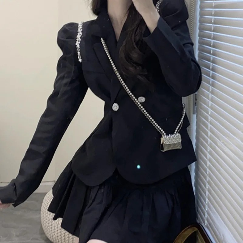 

women set Long Sleeve Button Slim Fit Bubble Sleeve Suit Coat Women's Autumn Black Small Fragrance Suit Cardigan Top