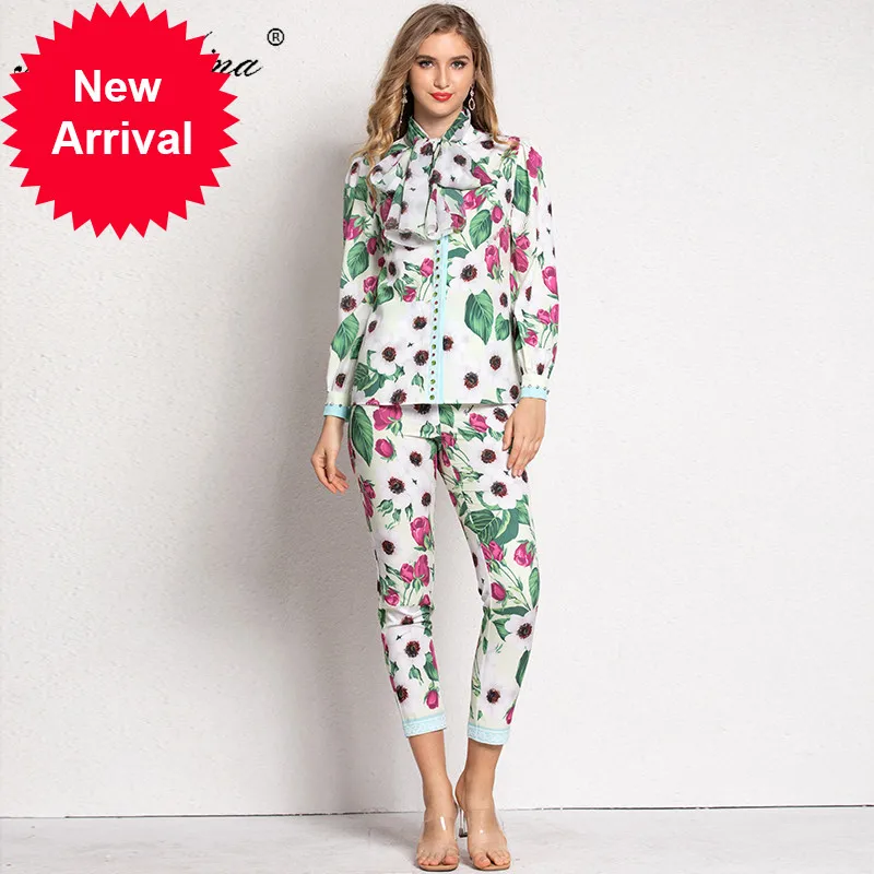 Fashion Set Spring Summer Women's Long sleeve Floral Print Blouses Tops+3/4 pencil pants Vacation Two-piece set