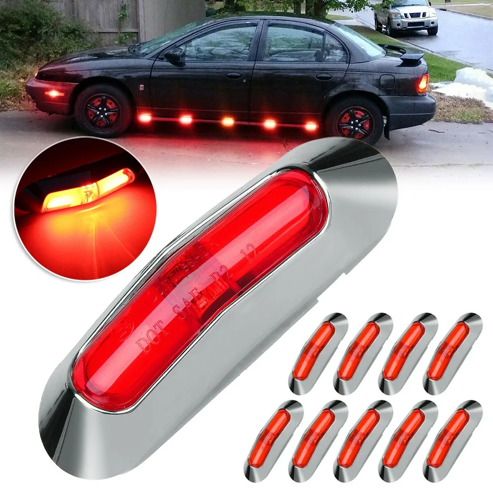 

Red Side Marker Lights Truck 10 Set W/ Chrome Bezel Waterproof 4 LEDs 4 W Buses