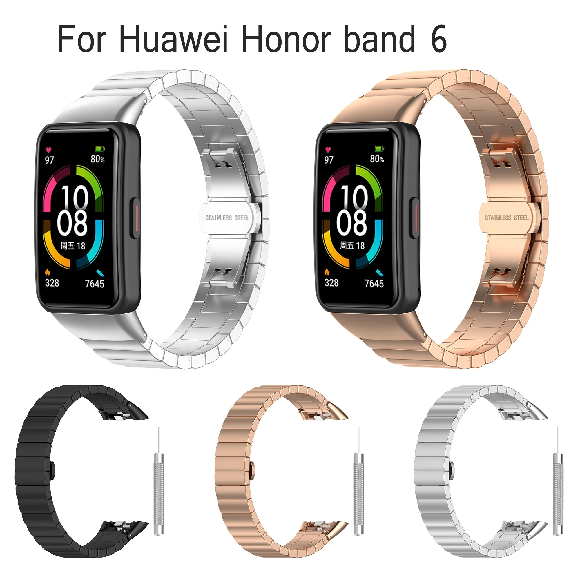 

3 Colors Luxury Stainless steel watch Straps For Huawei Honor band 6 watchband Bracelet for Huawei band 6 Accessories with tools