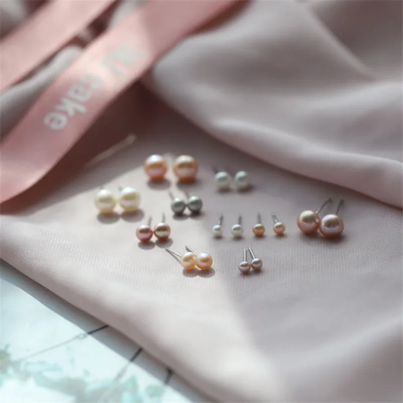 

Cute Female Small 3/5/7mm Round Stud Earrings Minimalist 100% Real 925 Sterling Silver Pearl Wedding Earrings For Women