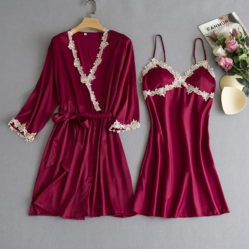 

2PC Pajamas Sleep Set Robe Women Sleepshirts Suit Sexy Silky Bathrobe V-Neck Lace Folwer Nightwear Gown Sleepwear Strap Homewear