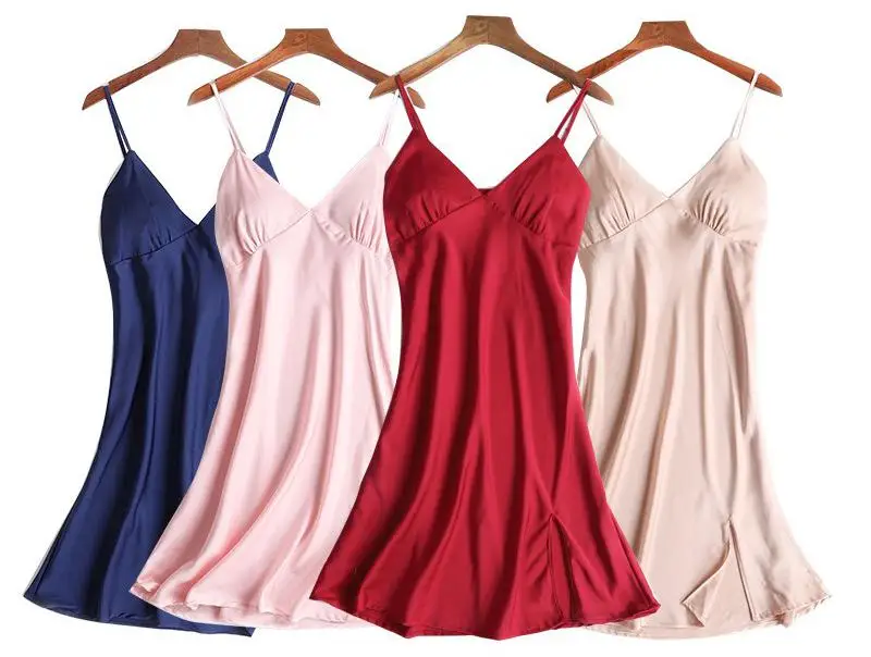 

Female Side Split Sexy Nightgown Sleeveless Rayon Blue Nightdress Summer Women Satin V-Neck Kimono Bath Gown Mini Sleepshirt