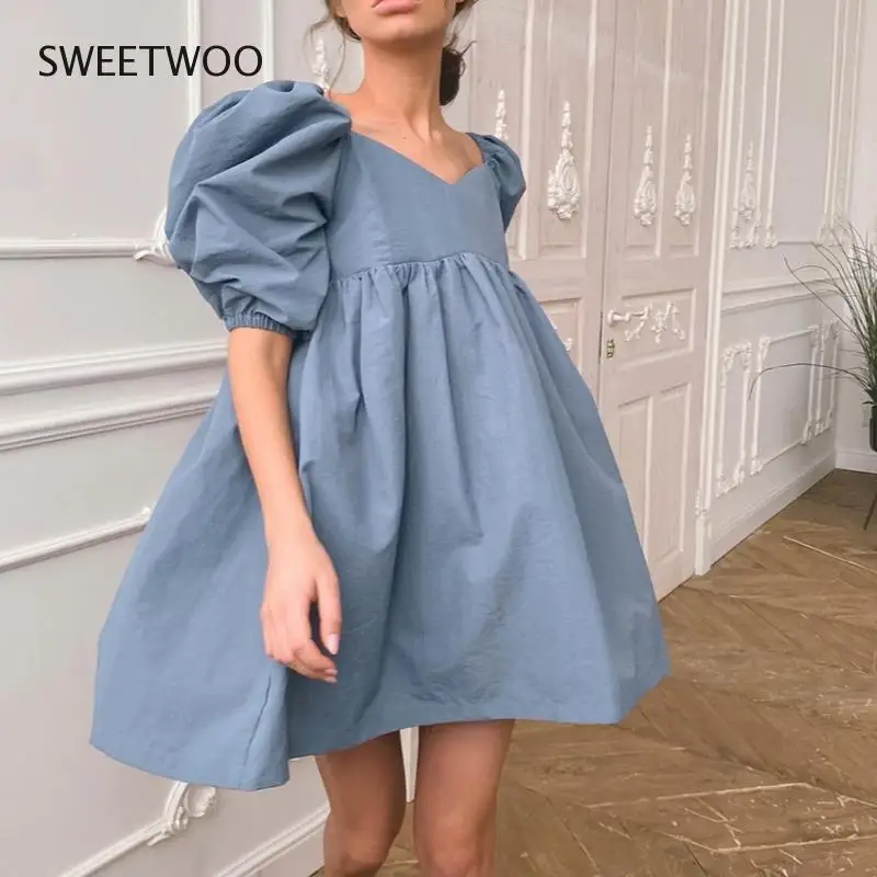 

Square Neck Sexy Summer Mini Dress Short Sleeve Female High Waist Black Loose A Line Women Dress Puff Sleeve Blue Cotton
