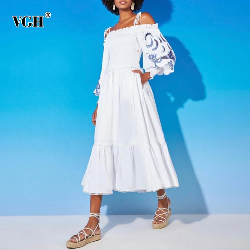 

VGH White Slimming Cut Out Midi Dress For Women Square Collar Lantern Long Sleeve Cold Shoulder High Waist Dresses 2021 Females