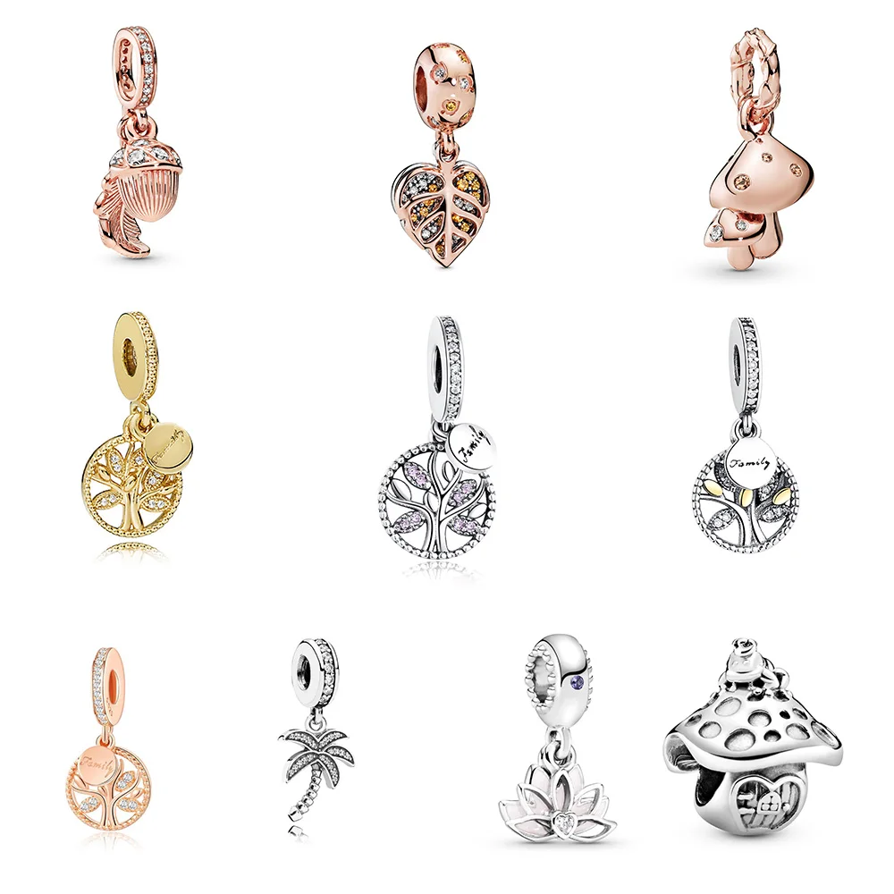 

925 Sterling Silver Beads Pendant Tree Mushroom Hazelnut Gold Leaf For Women Pandora Charms Original Bracelet Necklace