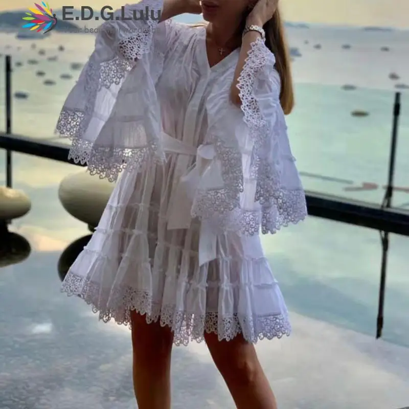 

EDGLuLu 2022 New Design Women Fashion V-neck Long Sleeve Lace Dress High Waist Lace-up Lace Patchwork Light Blue Dress 1130