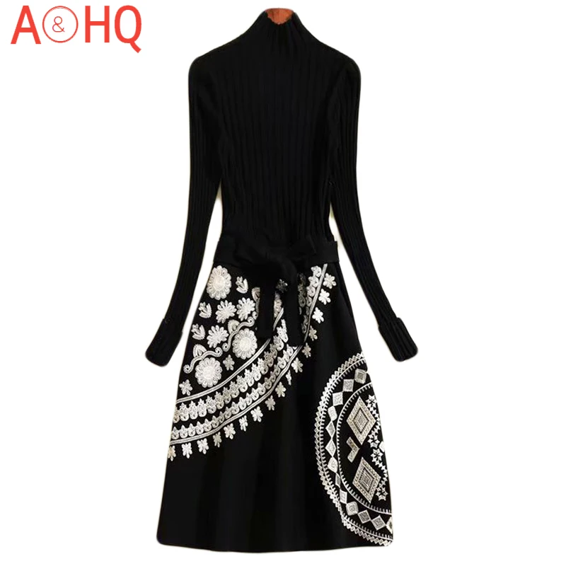 

High Quality Autumn Winter New Knit Embroidery Print Women'S Fashion Party Office Vintage Elegant Black Long Sleeve Midi Dress