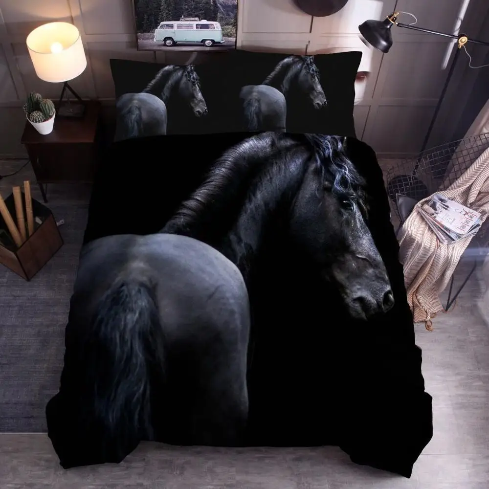 

LOVINSUNSHINE Duvet Cover 3D Ainimals Printing Set Black Horse Twin Full Nordic Bedding Set Adult Home Bedclothes CC09#