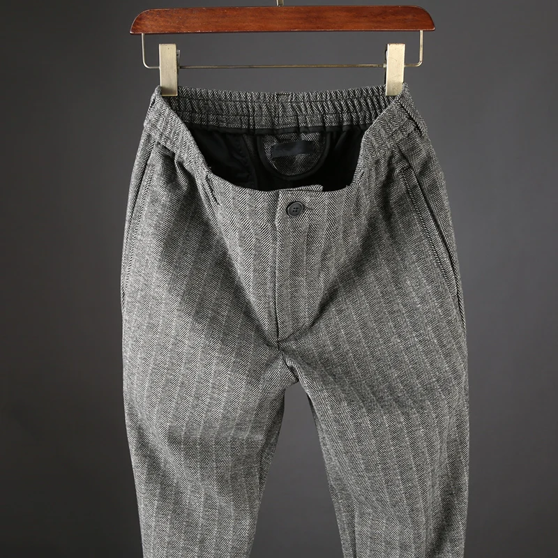 JSBD brand trend winter men's casual pants business stripes loose elastic belt waist comfortable thickening thermal | Мужская одежда