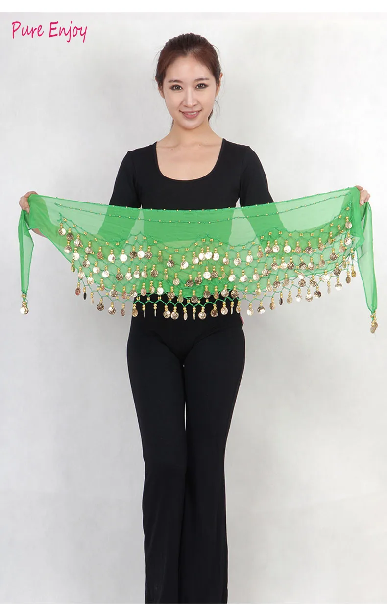 Belly Dance Waist Цепочка хип шарф шифон трехслойная волна золотая монета талия Индия
