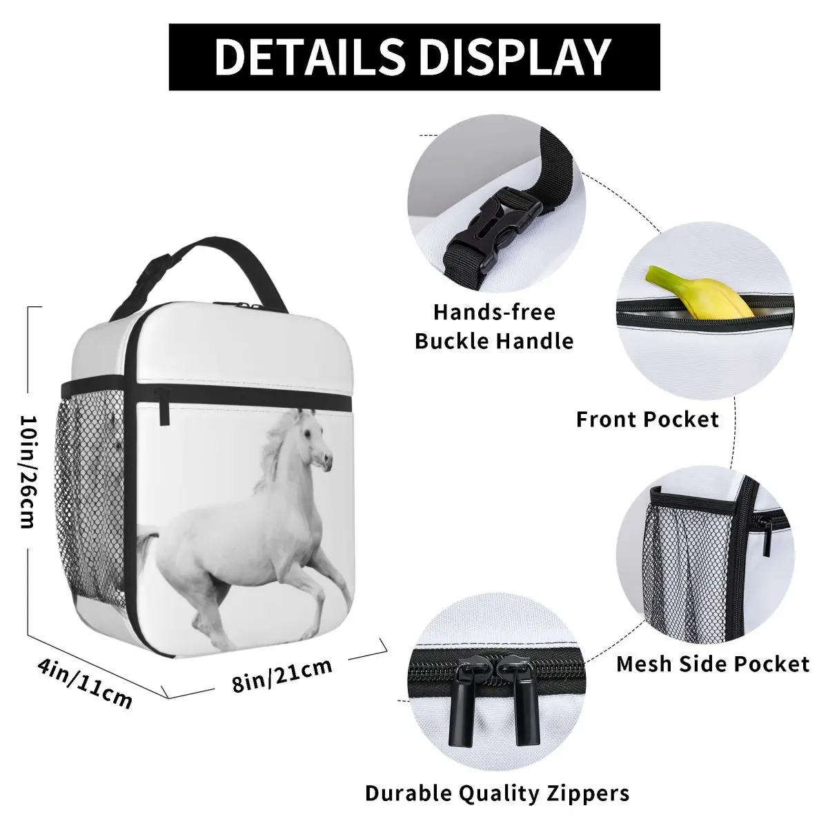 

White Horse Lunch Bag for Women Men Large Insulated Lunch Box with Water Bottle Holder and Pockets