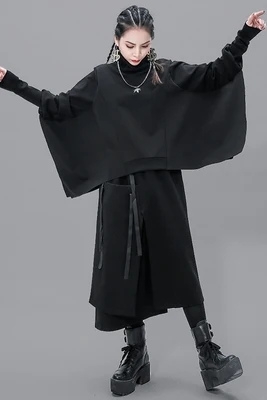 

European station two-piece female bat sleeve high-necked irregular Hoodie individual large pocket level skirt suit fashion