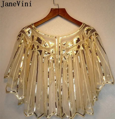 JaneVini Luxurious Gold Sequined Women Evening Wrap Wedding Capes Shiny Beading Tulle Bridal Party Dress Jackets Bolero Marriage