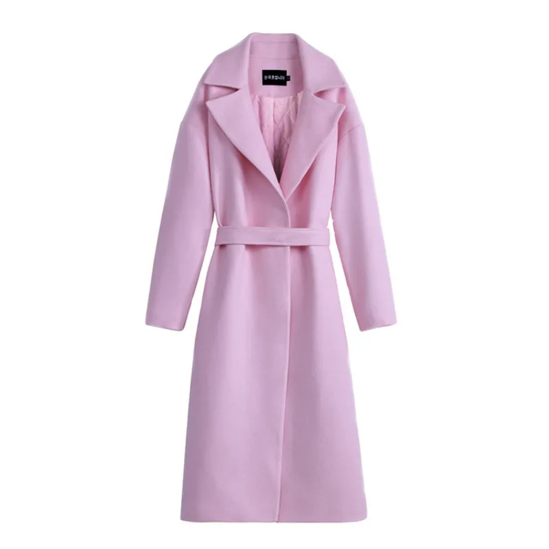 

Woolen Coat Manteau Femme Hiver New Vintage Clothing Korean Vogue Casaco Rosa Long Elegante Roupa De Frio Feminina Belt Pop