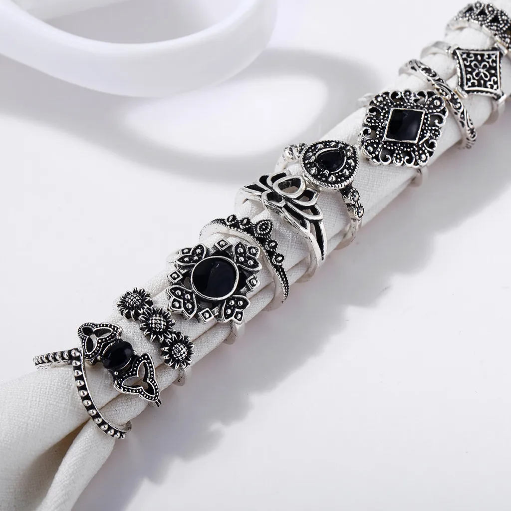 15pcs Silver Color Hollow Lotus Opal Vintage Rings Women Knuckle Ring Set for Mid Finger Thin Bague anillo12.27 | Украшения и