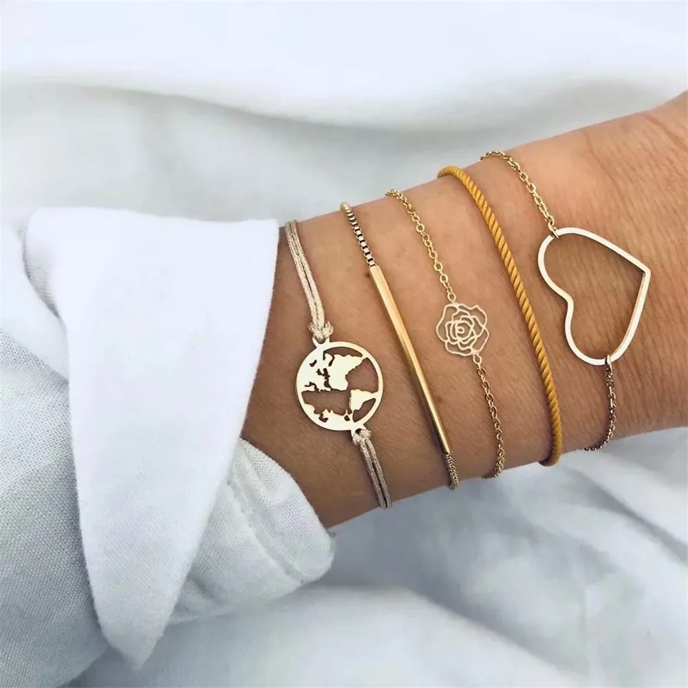 

HOCOLE 5 Pcs/Set Fashion Punk Gold Chain Map Heart Flower Bracelet Set For Women Bohemian Charm Rope Chain Bracelets Jewelry