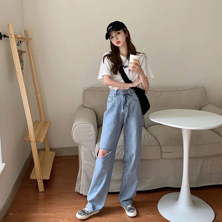 

SML 2Colors summer korean ins style loose women long denim pants high waist straight Big hole jeans for womens (sy8642)