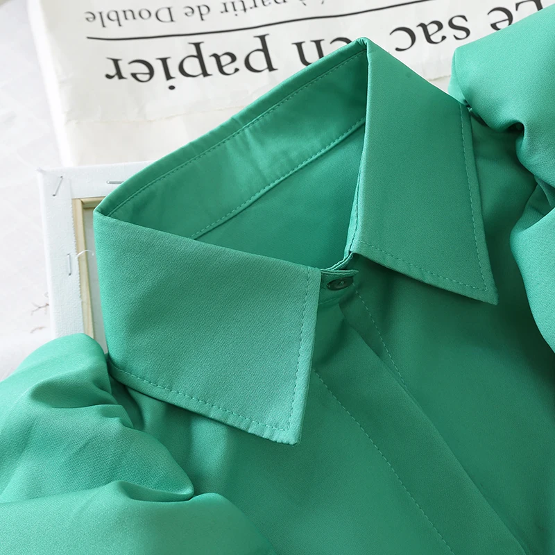 

2020 Spring Summer New Elegant Bubble Sleeve Lapel Short Shirt Solid Color Women Simple Blouse Tops