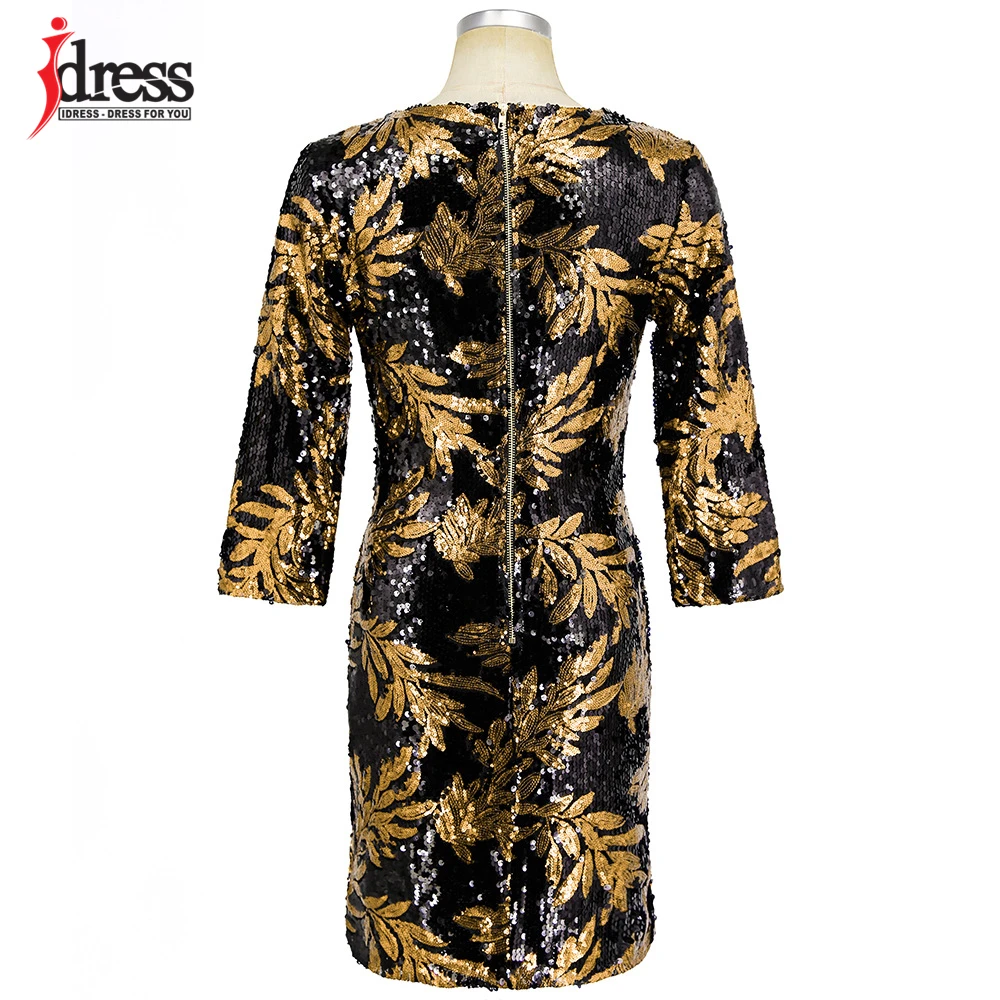 IDress/Модная одежда; ; облегающее платье до колена с длинными рукавами и круглым вырезом; вечерние Клубные платья с пайетками в стиле пэчворк с зелеными листьями