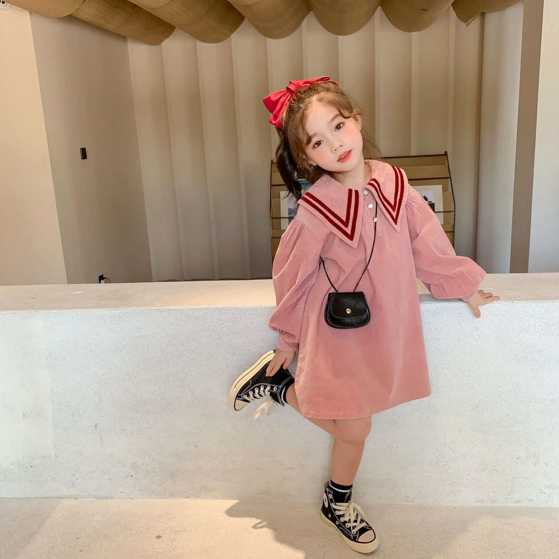 Осеннее Новое Детское вельветовое платье в духе колледжа для девочек осеннее