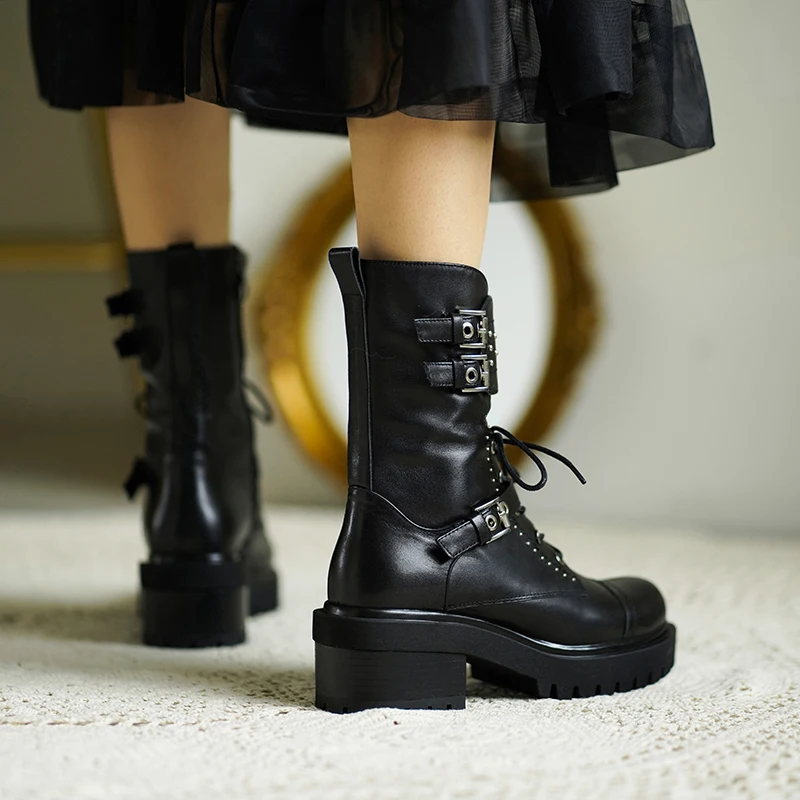 Online Dovereiss Fashion Wanita Sepatu Musim Dingin Ringkas Mature Murni Warna Cross Round Terms Toe Flats Matin Sepatu Boot Pendek Sepatu Gesper 34-39