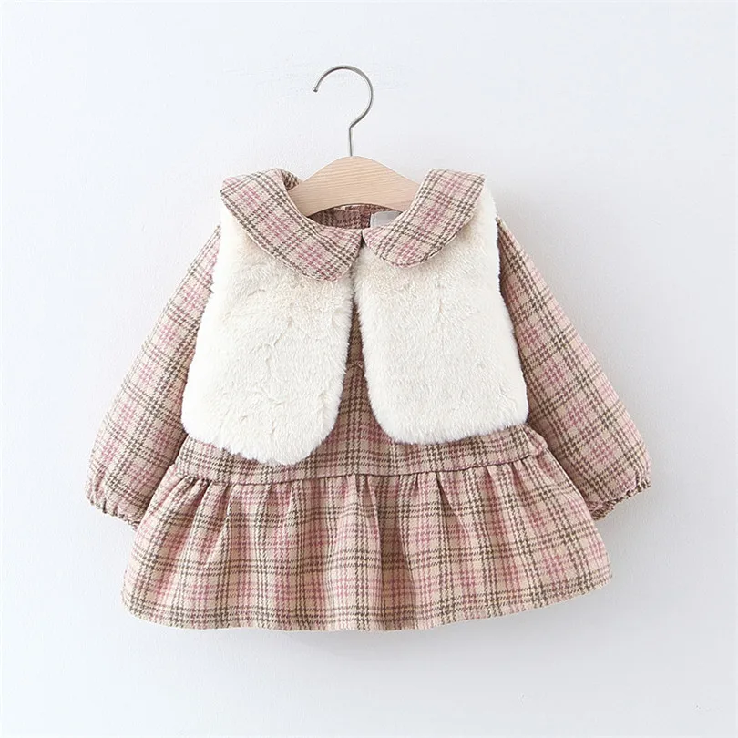 

Winter Baby Girls Dress Faux Fur Thick Velvet Warm Princess Baby Dress Vest + Dress 2pcs Infant Toddler Kids Dresses For Girls