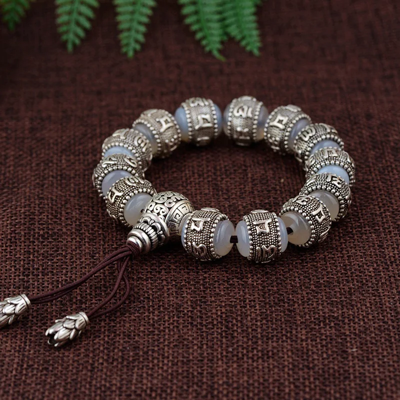 Ом Мани Падме Хум браслет Халцедон инкрустированный 925 серебро натуральный