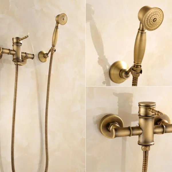 Bamboo Style Antique Brass Single Handle 2 Hole Wall Mount Bathtub Faucet with Handheld Shower Set +1500MM Hose Mixer Tap 2tf400