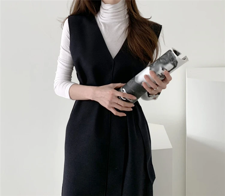 

New 2020 Autumn Spring Women Dresses Sashes Solid Split Straight Knitting Warm Sweater Elegant Office Ladies