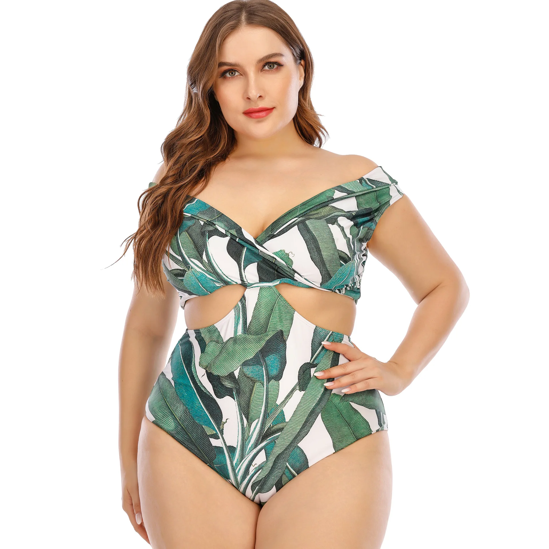 

Luren Plus Size Swimwear 2021 Women's One-piece Swimsuit European and American Style Fresh Plus Size V-Back Swimsuit