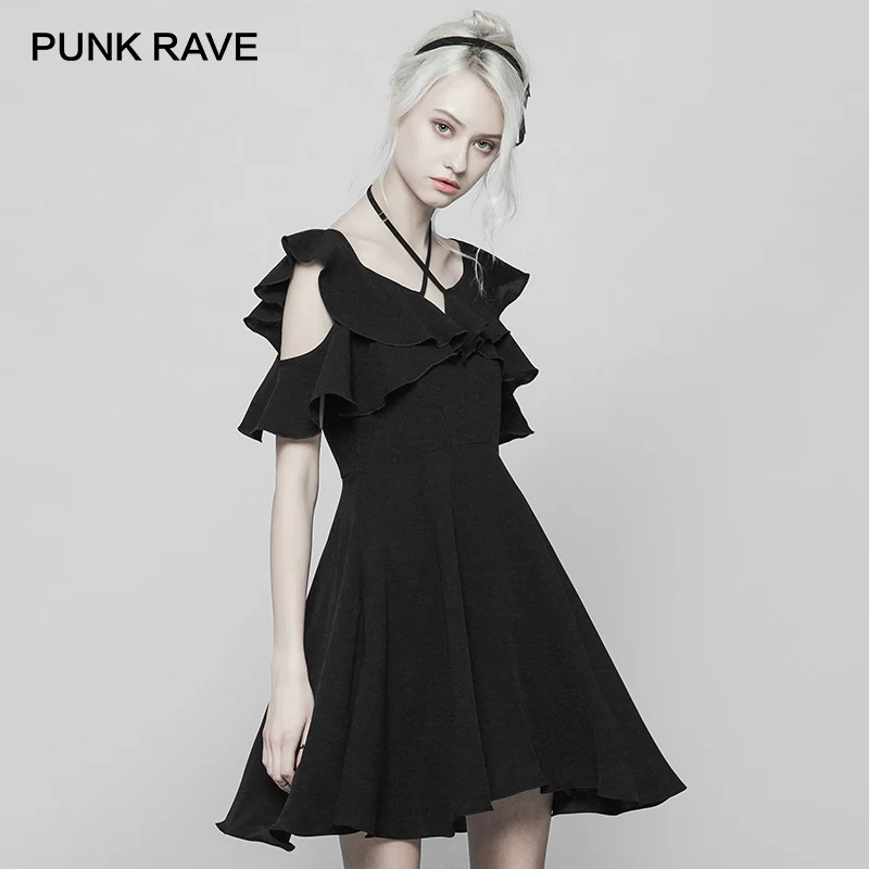 Женское шифоновое мини платье в стиле Панк RAVE черное трапеция с оборками виде