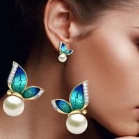 modern women earrings 2022 fashion oil painted butterfly design rhinestone pearl stud earrings for women accessories jewelry