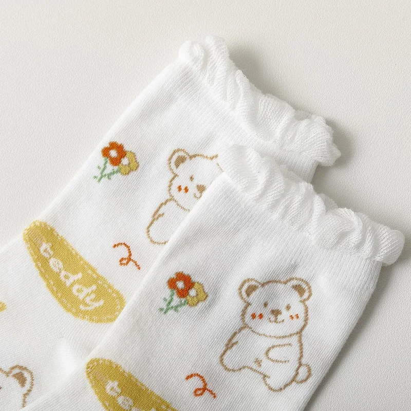 

1 Pair New Summer Spring Women Long Socks Cute Cartoon Bear Print Tube Socks Sasual Embroidery Ladies Yellow Combed Cotton Socks