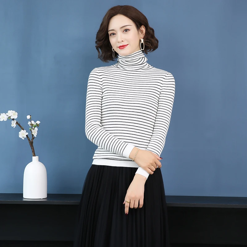 Women Turtleneck Cashmere Sweaters Elegant Lady High Collar Striped Slim Basic Sweater Pullovers | Женская одежда