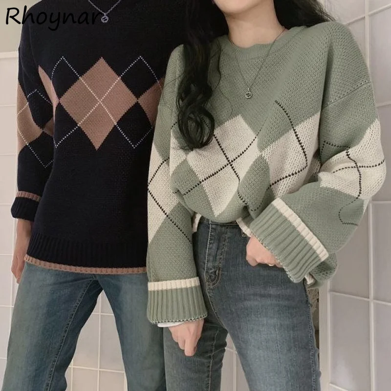 

Pullovers Women O-neck Sweater Autumn Loose All-match Argyle Couples Female Elegant Daily Casual Cozy Ins New Arrival Ulzzang