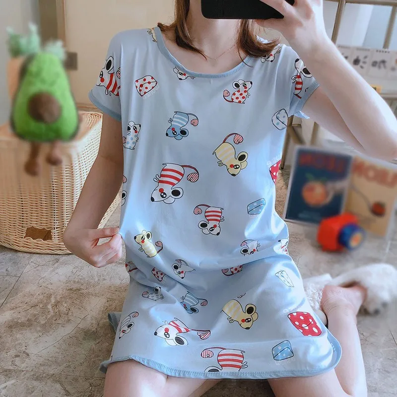 

Women Sleepdress Cute Cartoon Short Sleeve Milk Silk One-piece Nightdress Lady Dress Sleepwear Cotton Round Neck Print New