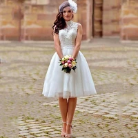 knee length wedding dress 2021 a line white high neck appliqued lace bride dresses boho backless short wedding gowns trouwjurken