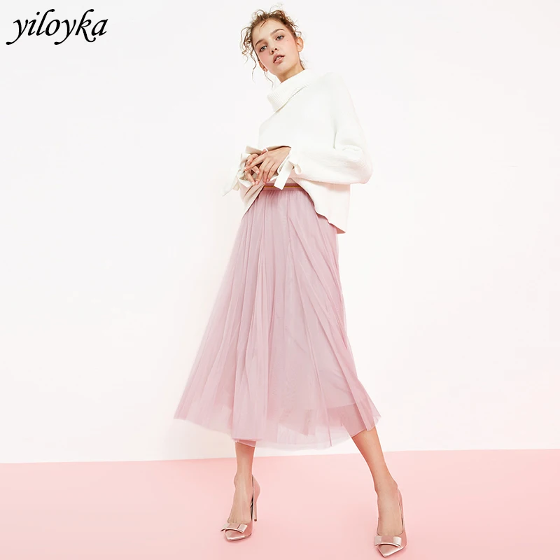 

Summer solid mesh skirts womens pleated skirt elegant casual princess puff skirts elastic high waist Mesh Tutu tule long skirt