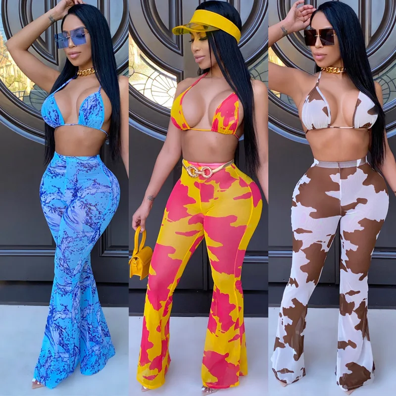 

2020 Newest Women Camouflage Printed Pants Sets Summer Autumn Holidays Beach Party Halter Cropped Top Backless + Flare Pants