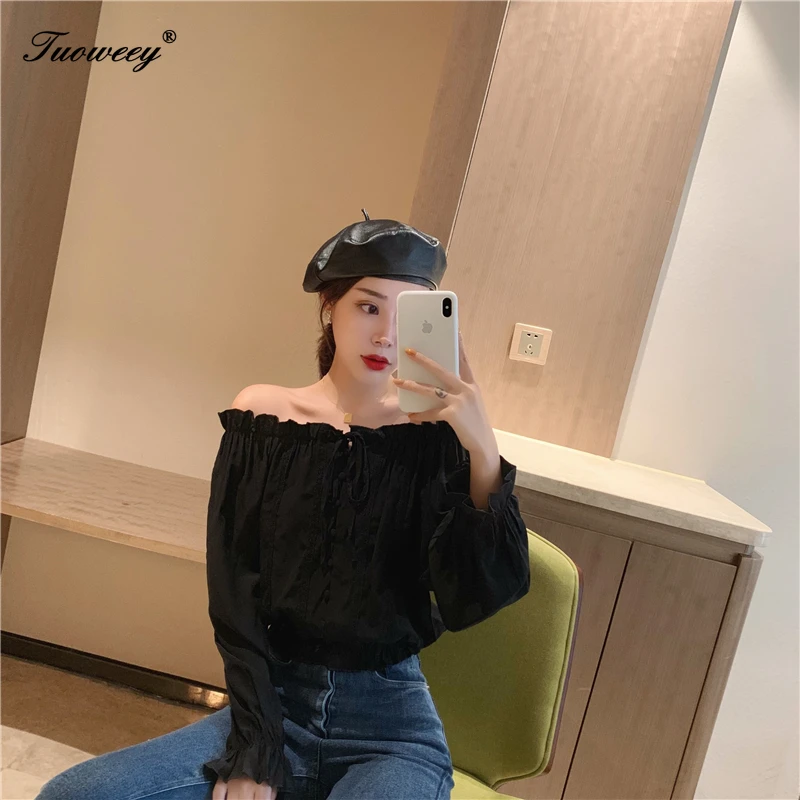

2019 Autumn solid bow New Elegant Shirt Female Long Sleeve Loose slash neck Fashion Women Tops And Blouses Clothes