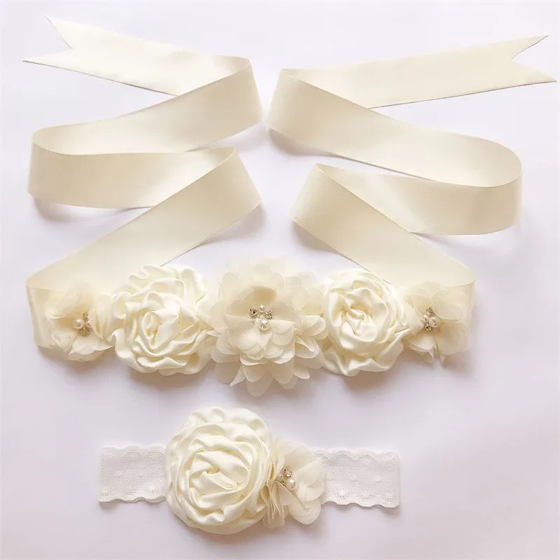 Cintur&oacute;n de encaje de flores para maternidad, banda de apoyo para fotos, cinta de perlas para el embarazo, 2 unids/set por Set-3