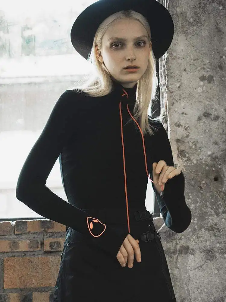 Панк Rave women's Goth с высоким воротом тонкие облегающие черные футболки Красной