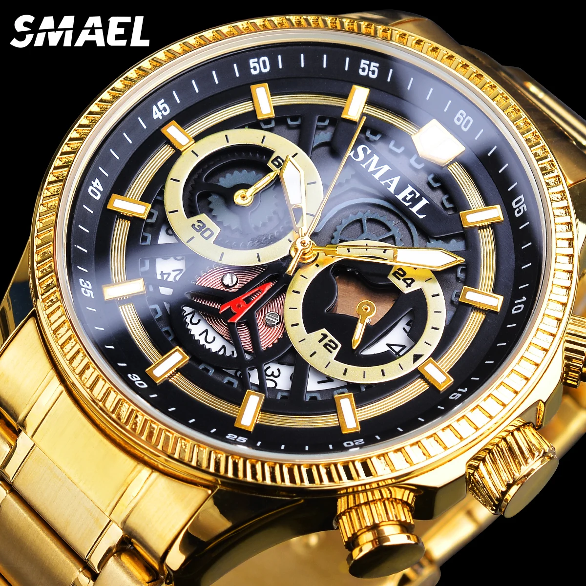SMAEL Luxury Sports Quartz Watch Calender Military Wristwatch Black Dial Man Clock With Stainless Steel New Relogio Masculino