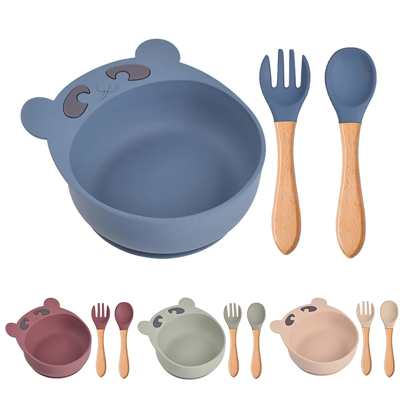 

Children's Silicone Bowl Spoon And Fork Set Baby Cartoon Bear Suction Cup Anti-drop Complementary Food Bowl Kids Plate Dishes