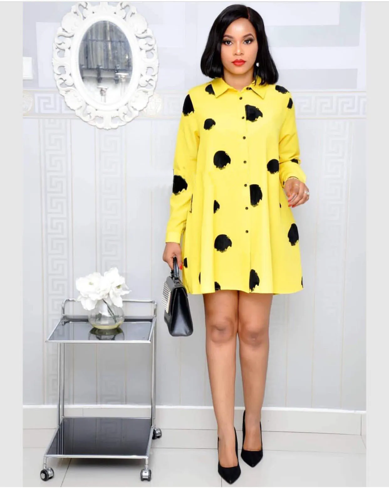 

Woman Elegant Yellow Polka Dot Dresses Buttons Long Sleeve Turn-down Collar Office Lady Casual Loose Plus Size Shirt Dress Party