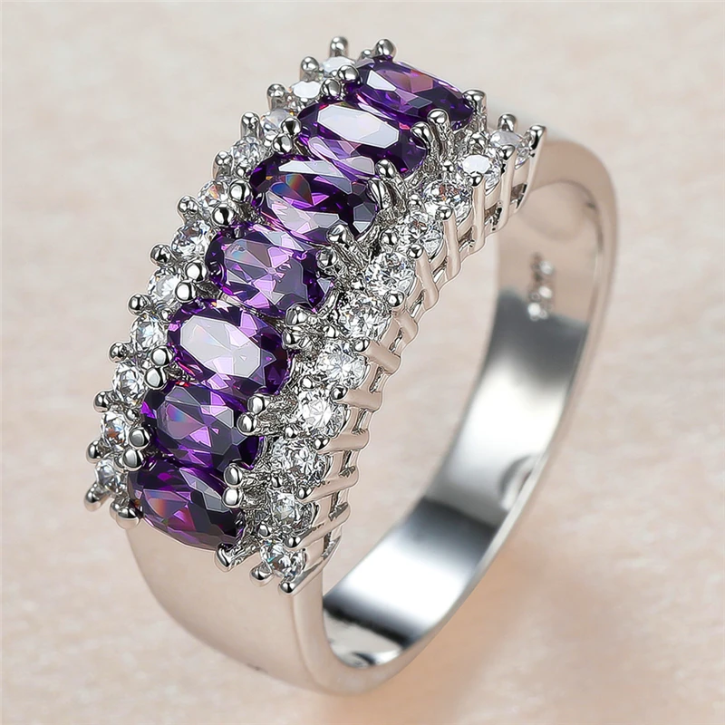 

Luxury Female Purple Crystal Stone Ring Charm Silver Color Big Wedding Rings For Women Trendy Leaf Zircon Engagement Ring