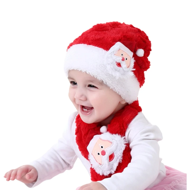 

Infant Baby 2 Piece Beanie Hat and Scarf Set Cute Cartoon Santa Claus Embroidery Skull Cap Thick Fuzzy Plush Neck Warmer