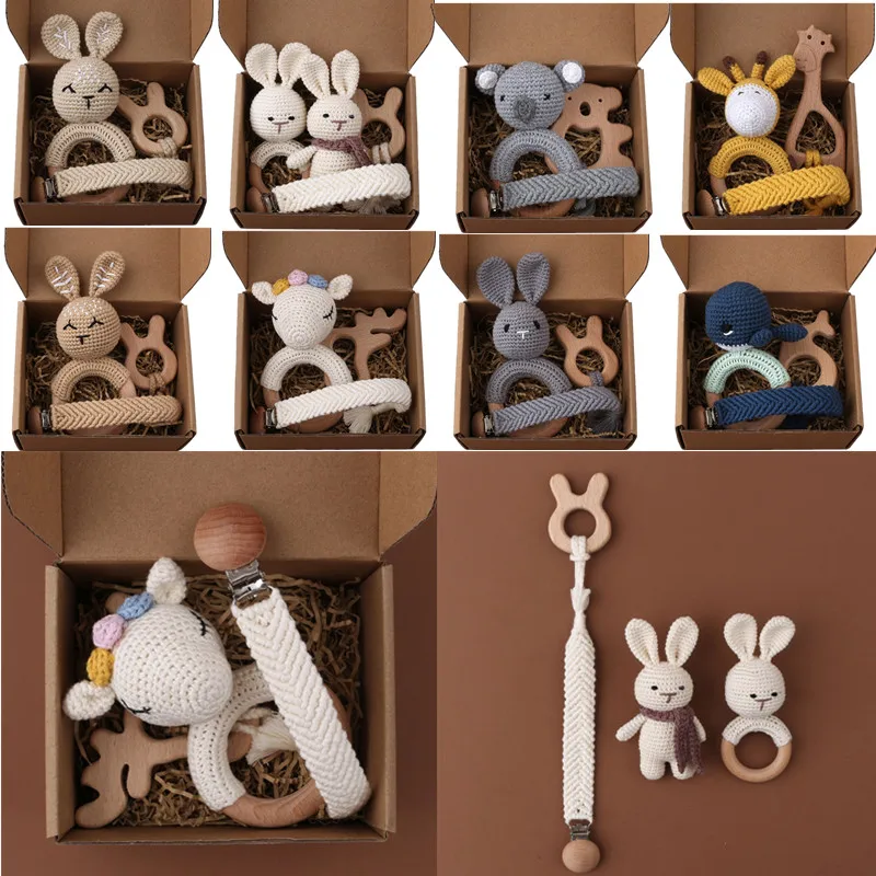

1Set Crochet Bunny Baby Teether Rattle Safe Beech Wooden Teether Ring Pacifier Clip Chain Set Newborn Mobile Gym Educational Toy