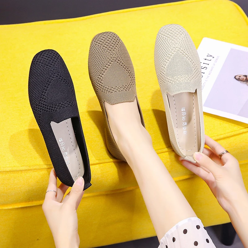 SLHJC Women Summer Autumn Flats Shoes Knit Fabric Breathable Loafers Square Toe Flat Heel Slip Resistance Sneakers Ballet Shoes